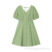 New Design Women Fashion Cotton Button Plaid Dress